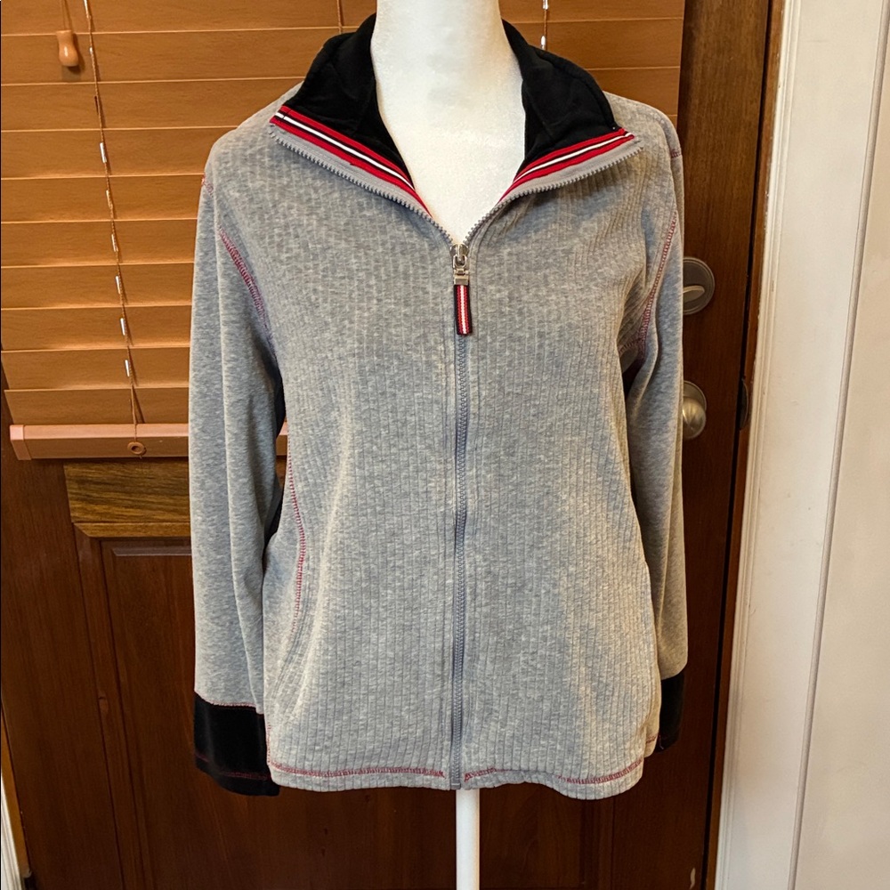 Gray and Black Zip-Up Jacket and pants set with Red Accents